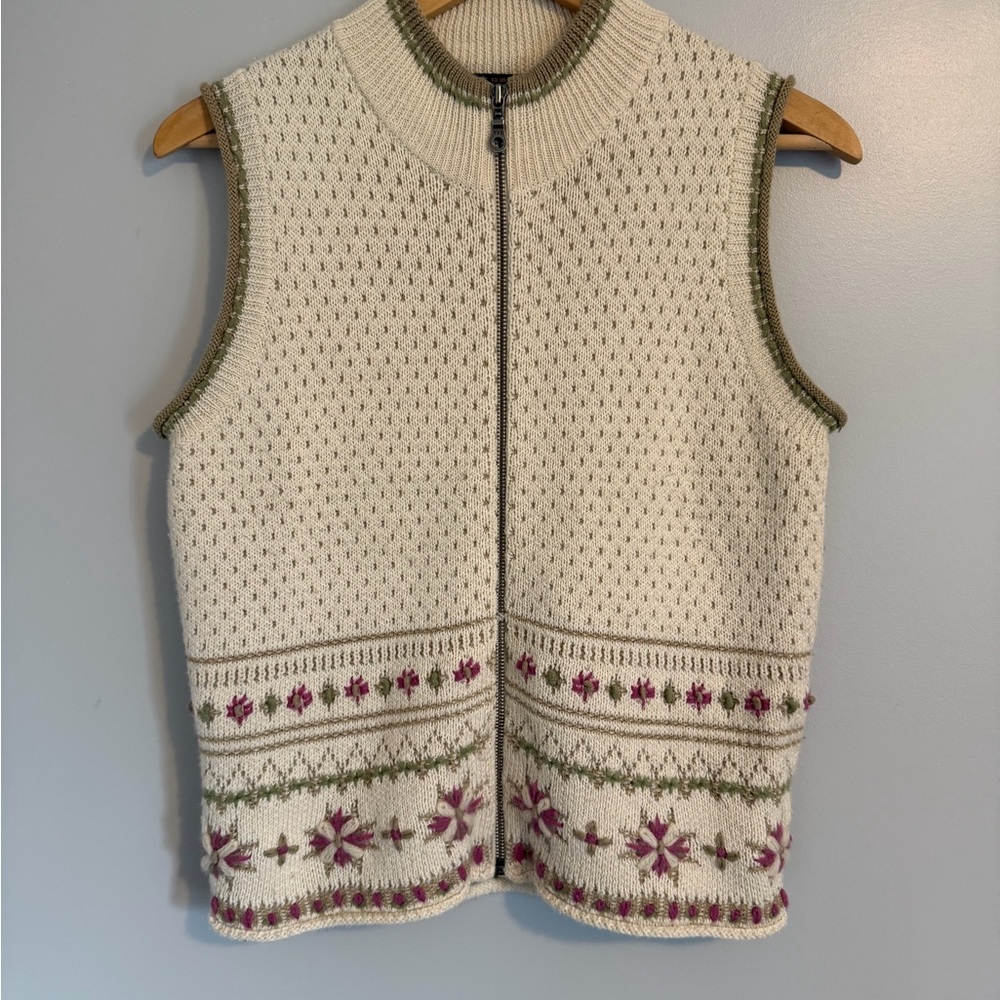 Woolrich Cream, Green and Pink Sweater Vest Zip Up Medium